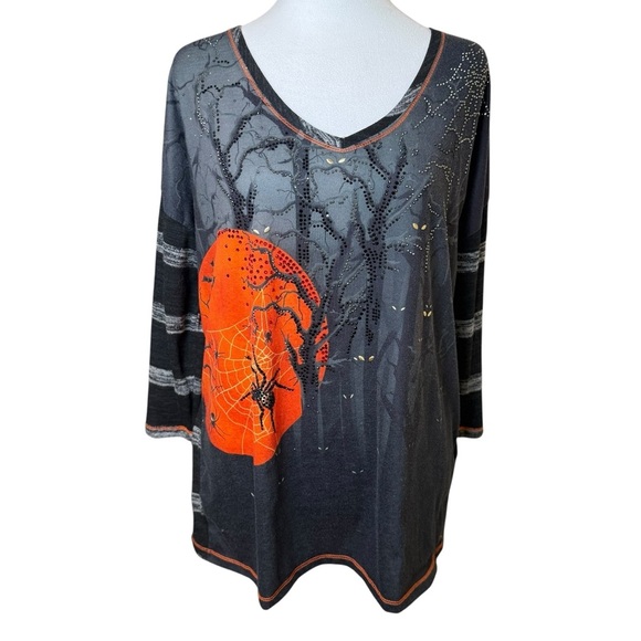 Onque Casual Womens Halloween Top Large Black Orange Haunted Forest Spider Woods - Picture 1 of 10